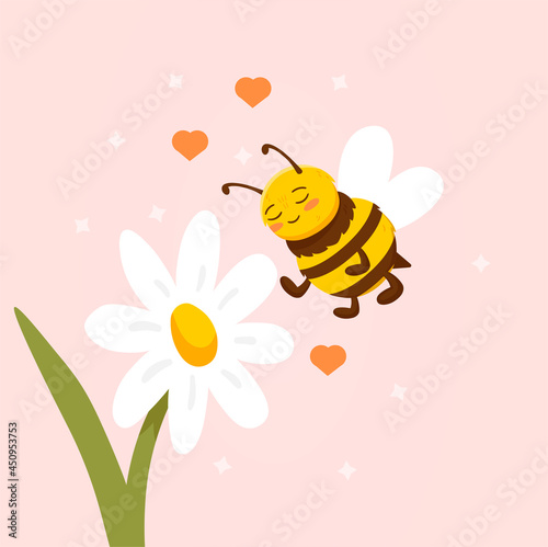 Daisy flower with cute bee flying nearby on pink background. Cute postcard template with cheerful bee flying over daisy with little hearts. Flat cartoon vector illustration