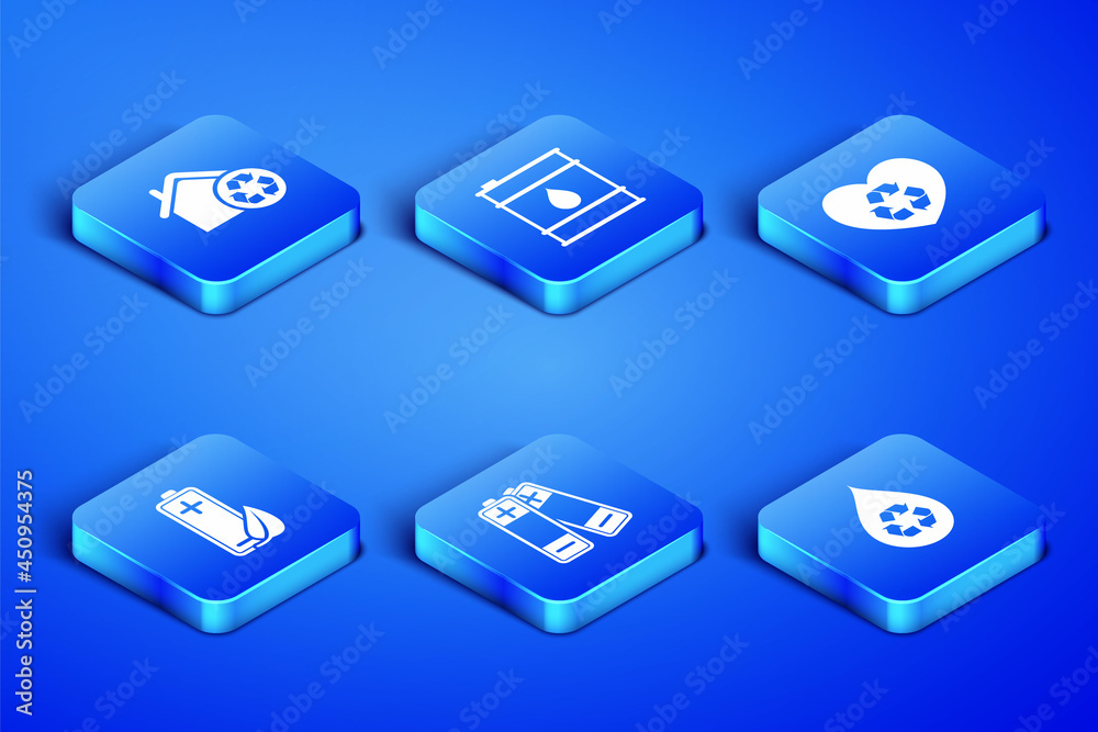Set Recycle clean aqua, Eco House with recycling, Battery, nature leaf and battery, Oil barrel and friendly heart icon. Vector Set Recycle clean aqua, Eco House with recycling, Battery, nature leaf and battery, Oil barrel and friendly heart icon. Vector