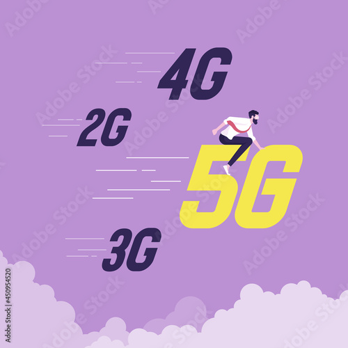 5G network wireless technology vector concept - Businessmen riding the 5g technology which is the fastest, Global network high speed innovation connection data rate technology vector illustration