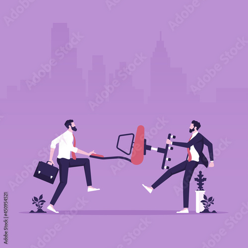 Businessmen competitor fight and pulling office management chair, job promotion or career development concept, Business competition and career development concept