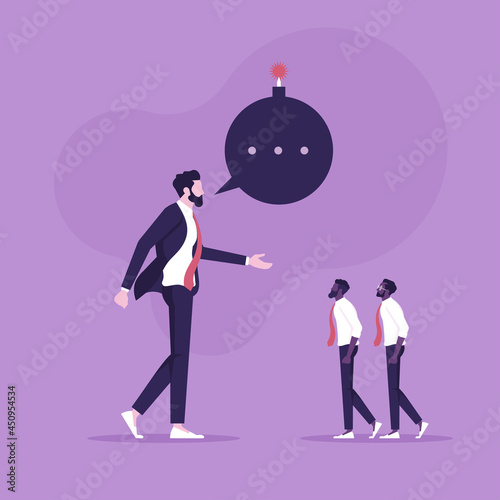 Business crisis vector concept-Troublemaker at work, large man with a speech bubble in the shape of a bomb talking to a group of smaller people implying bad news