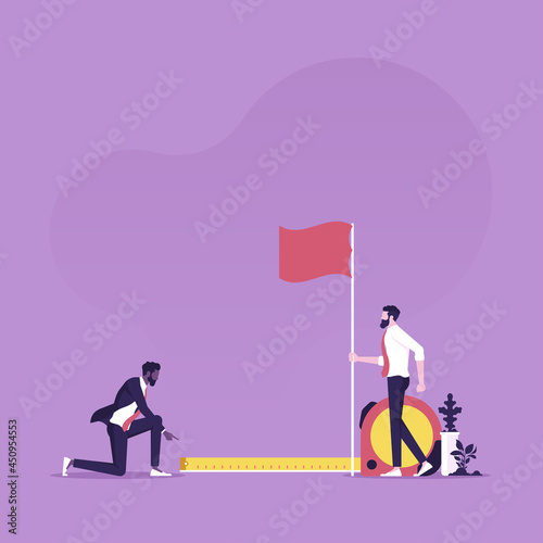 Business success measurement analysis concept, Businessman using measuring tape to measure and analyze distance from target flag, how far from business goal and growth analysis