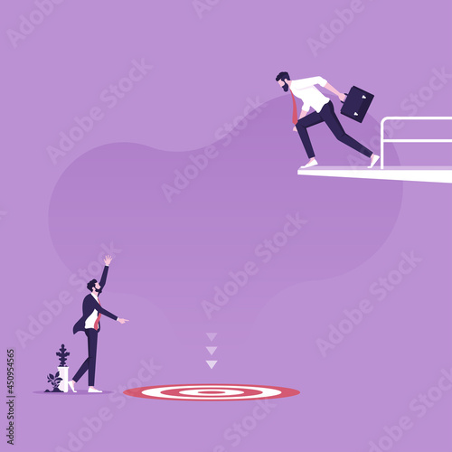 Concept of mentoring and guide to reach a goal - Anxious businessman at the edge of diving platform looking down to target with leader  helping businessman reach the target point 