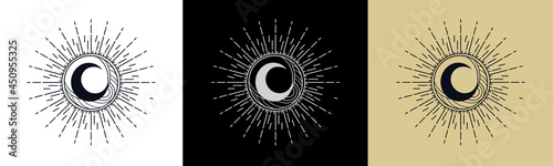 Set of linear mystic moon logo icon on colorful background. Cute templates for cosmetics, beauty, tattoo, spa, manicure, jewelry store. Antique sun and crescent moon. Flat cartoon vector illustration