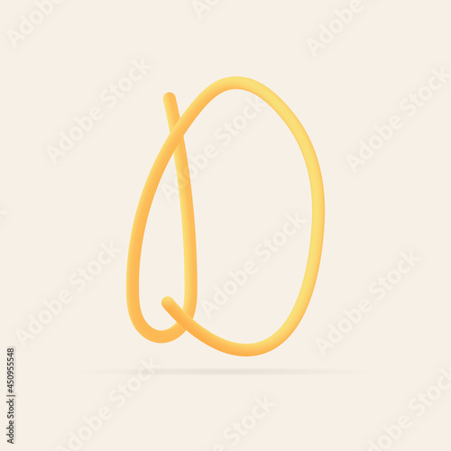 D letter spaghetti design. Vector hand draw realistic food font. Isolated Italian pasta for tasty poster, restaurant identity, gourmet element and more