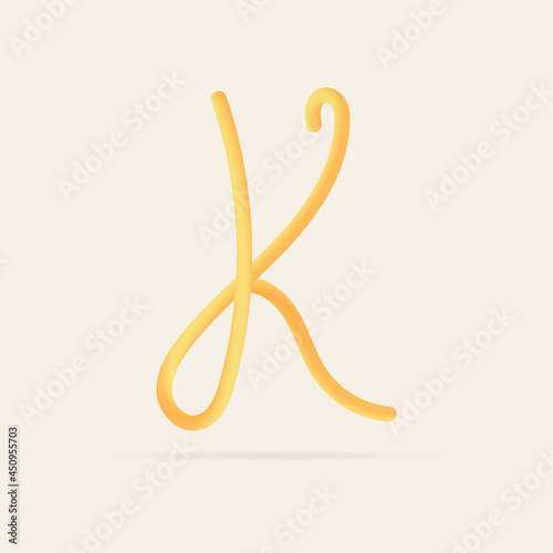 K letter spaghetti design. Vector hand draw realistic food font. Isolated Italian pasta for tasty poster, restaurant identity, gourmet element and more