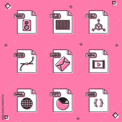 Set WAV file document, XLS, OBJ, SVG, MSG, MP4, HTML and PPT icon. Vector