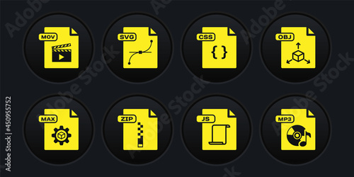 Set MAX file document, OBJ, ZIP, JS, CSS, SVG, MP3 and MOV icon. Vector