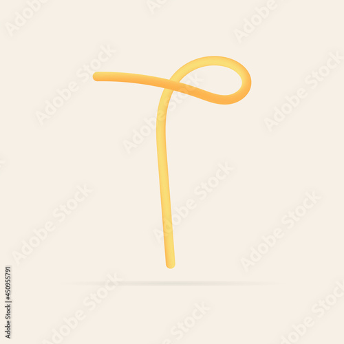 T letter spaghetti design. Vector hand draw realistic food font. Isolated Italian pasta for tasty poster, restaurant identity, gourmet element and more