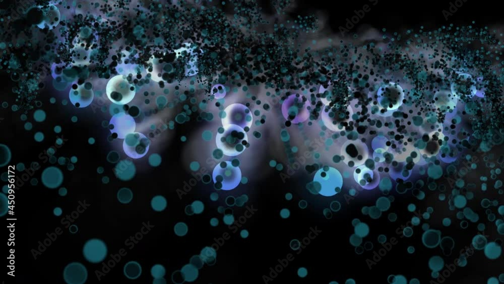 Abstract flight of hot spherical particles in space at high speed. Science fiction. Close-up. 3d. 4K. Isolated black background.