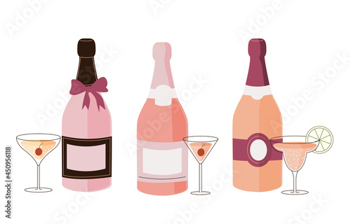 Set of fancy various bottles with colorful alcohol on white background. Bottles of different shapes and colors. Champagne, prosecco, rose, brut sparkling wines. Flat cartoon vector illustration
