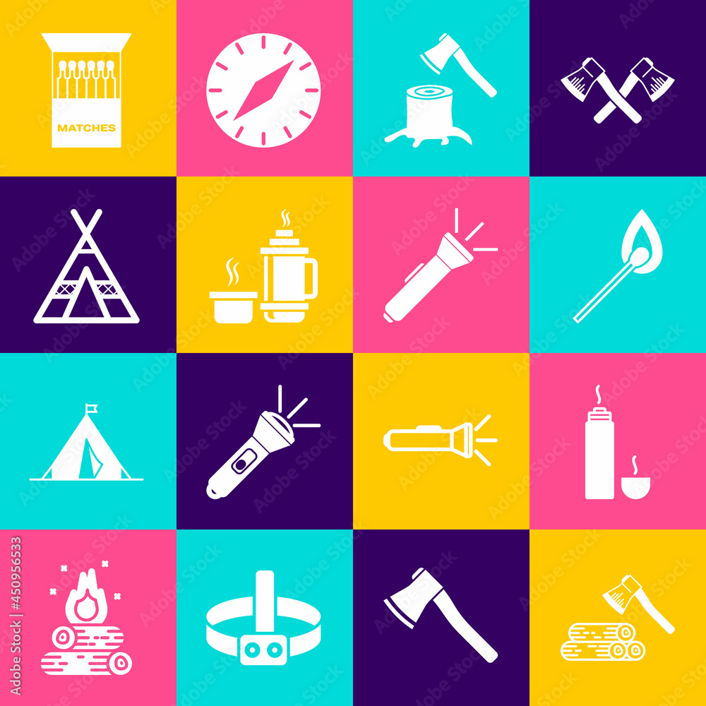 Set Wooden axe and wood, Thermos container, Burning match with fire, stump, Tourist tent, Open matchbox matches and Flashlight icon. Vector