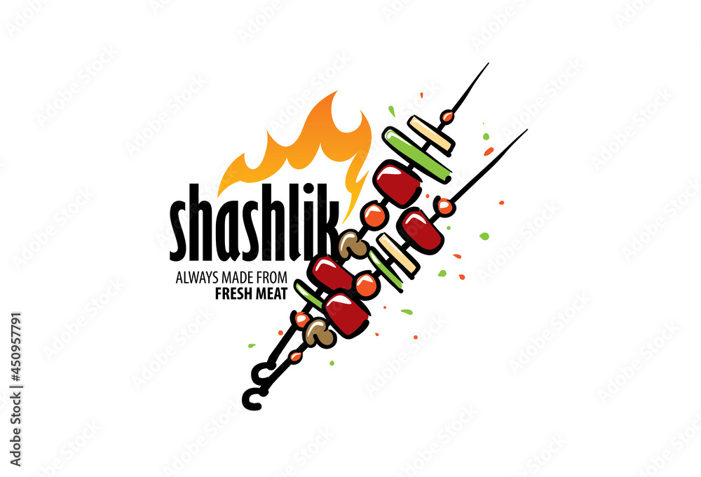 Obraz premium Vector logo with a drawn barbecue on a skewer