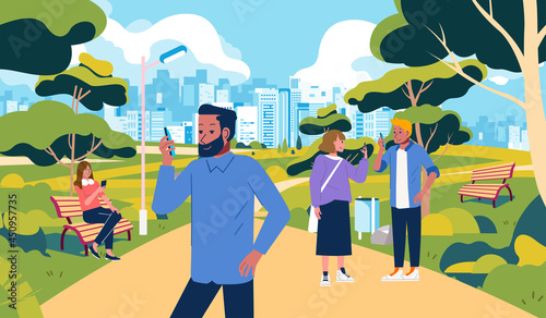 people hangout at park but busy with their own smartphone, park outdoor illustration with long chair, trees and city building in the background