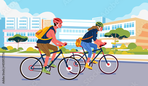 young man and women cycling around the city, wearing safety helmet and bringing bag. building and city illustration in the background