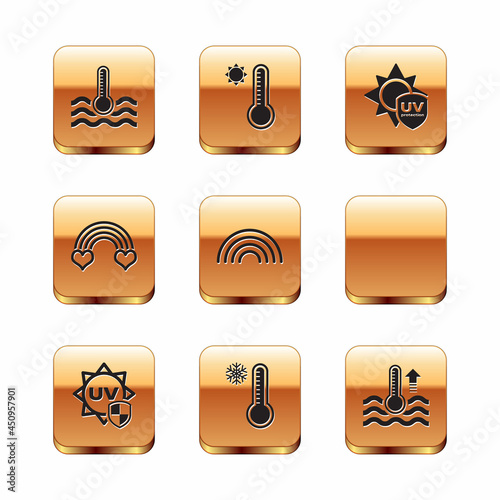 Set Water thermometer, UV protection, Meteorology, Rainbow, with heart, and icon. Vector