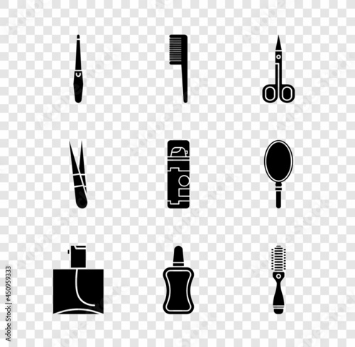 Set Nail file, Hairbrush, Scissors, Perfume, polish bottle, Eyebrow tweezers and Shaving gel foam icon. Vector