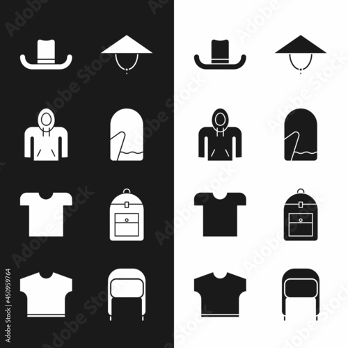 Set Christmas mitten, Hoodie, Man hat, Asian conical, T-shirt, Backpack, Winter with ear flaps and icon. Vector