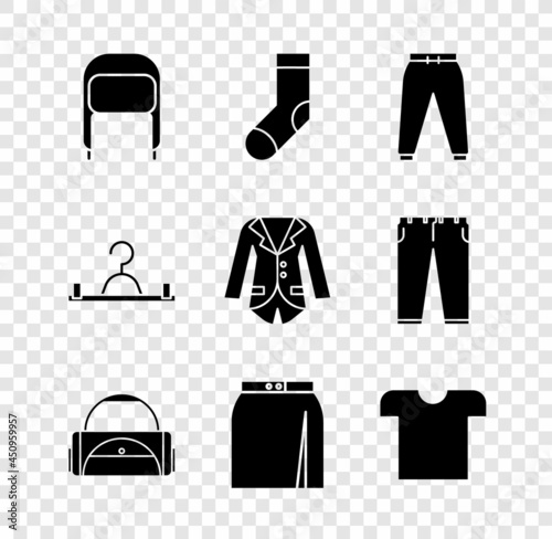 Set Winter hat with ear flaps, Socks, Sport pants, bag, Skirt, T-shirt, Hanger wardrobe and Blazer jacket icon. Vector