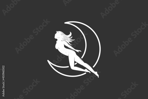 Hot Sexy Flying Angel Woman Girl Lady with Crescent Moon Logo Design Vector