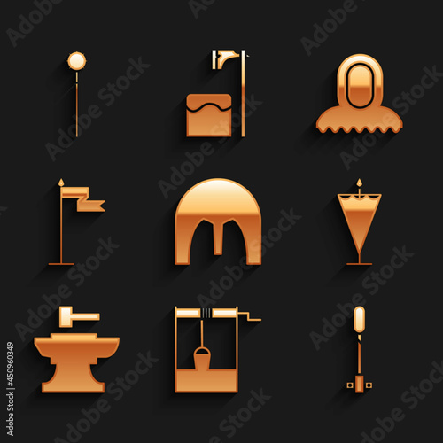 Set Medieval iron helmet, Well with bucket, Torch flame, flag, Anvil for blacksmithing hammer, hood and chained mace ball icon. Vector