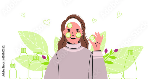 Woman takes care of her face. Collection of body and skin care products.