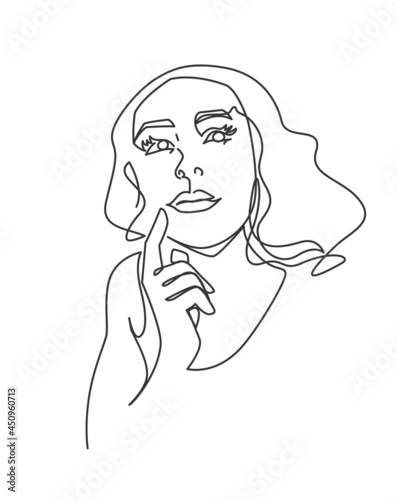 One line illustration of woman have a question. Beautiful woman thinking or making decision and looks up.
