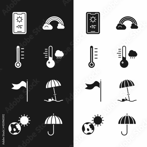 Set Meteorology thermometer, Weather forecast, Rainbow with clouds, windsock wind vane, Sun protective umbrella beach, Umbrella and Earth globe and sun icon. Vector