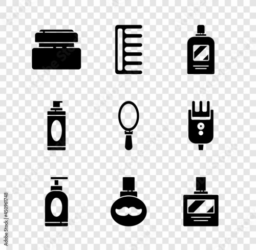 Set Cream or lotion cosmetic tube, Hairbrush, Bottle of shampoo, Beard and mustaches care oil bottle, Aftershave, Shaving gel foam and Hand mirror icon. Vector