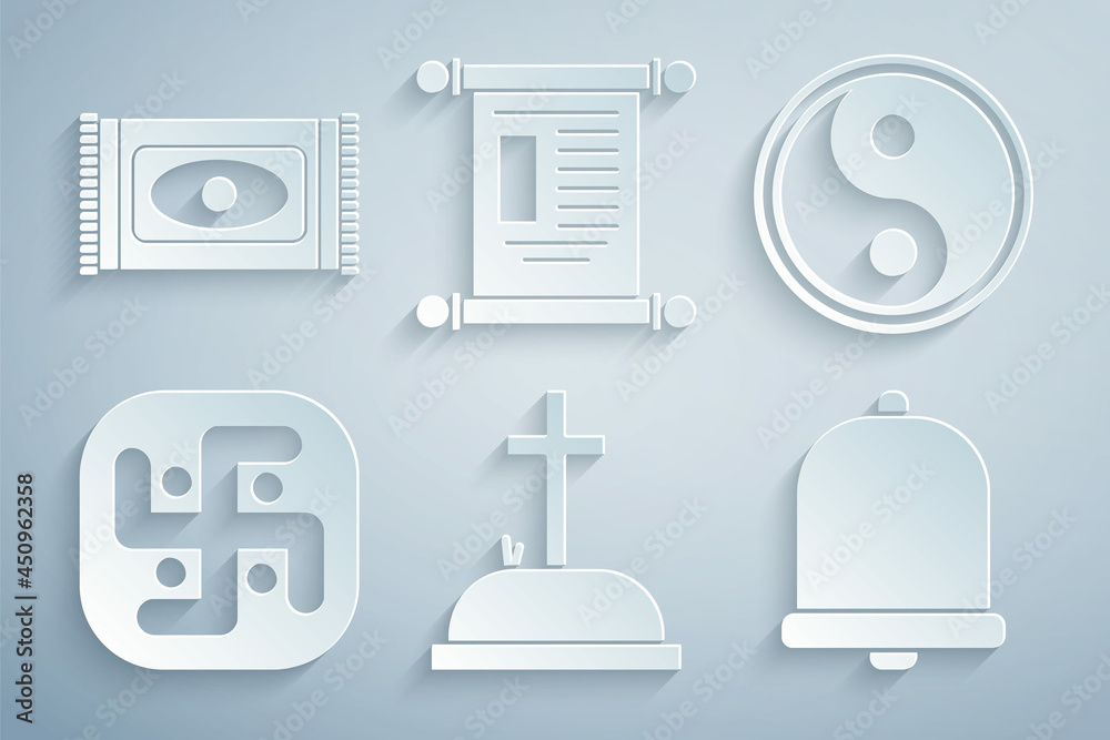 Set Tombstone with cross, Yin Yang, Jainism, Church bell, Decree, paper, parchment, scroll and Traditional carpet icon. Vector Set Tombstone with cross, Yin Yang, Jainism, Church bell, Decree, paper, parchment, scroll and Traditional carpet icon. Vector