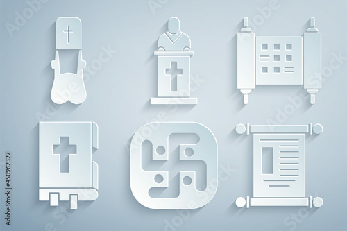 Set Jainism, Decree, paper, parchment, scroll, Holy bible book, Church pastor preaching and Priest icon. Vector