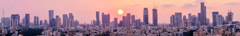 Tel Aviv Skyline At Sunset,  Tel Aviv Cityscape Large Panorama At Sunset Time, Israel