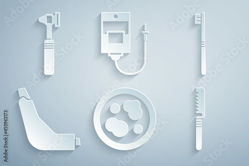 Set Petri dish with bacteria, Toothbrush, Inhaler, Medical saw, IV bag and otoscope tool icon. Vector