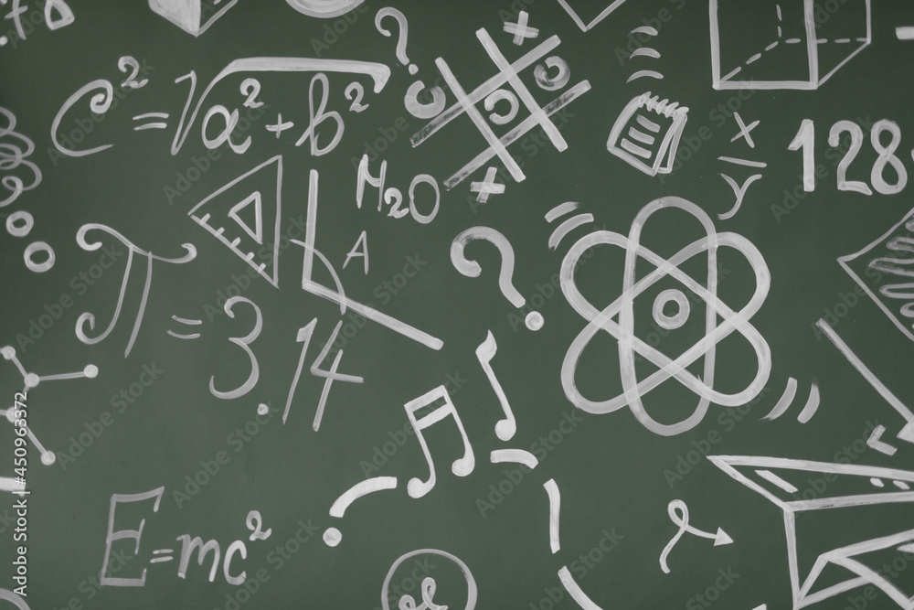Learning concept. back to school. Background with inscriptions from the school course. Formulas are written on a chalk board. Learning concept. back to school. Background with inscriptions from the school course. Formulas are written on a chalk board.