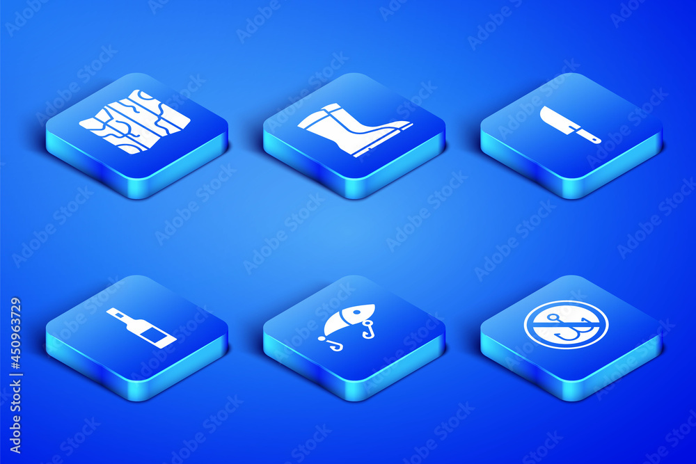 Set No fishing, Folded map, Fishing lure, Bottle of vodka, boots and Knife icon. Vector Set No fishing, Folded map, Fishing lure, Bottle of vodka, boots and Knife icon. Vector