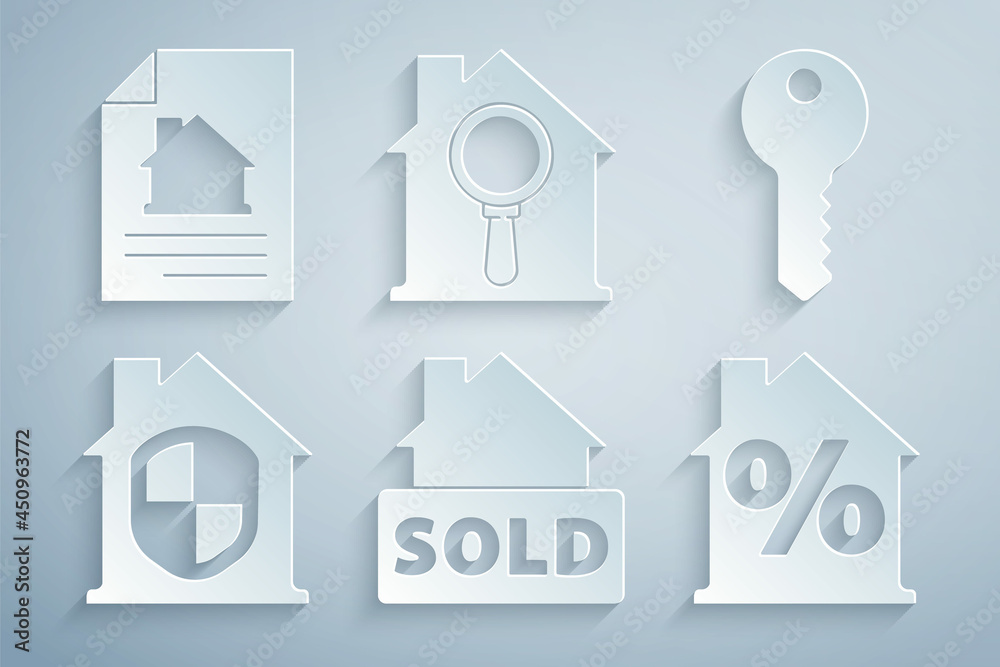 Set Hanging sign with text Sold, House key, under protection, percant discount, Search house and contract icon. Vector Set Hanging sign with text Sold, House key, under protection, percant discount, Search house and contract icon. Vector
