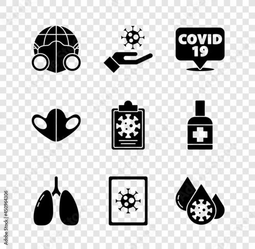 Set Earth with medical mask, Hand virus, Corona on location, Lungs, Virus statistics monitor, Blood test, Medical protective and Clipboard blood results icon. Vector