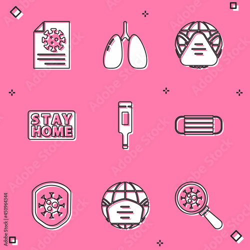 Set Clipboard with blood test results, Lungs, Earth medical mask, Stay home, Medical thermometer, protective, Shield protecting from virus and icon. Vector
