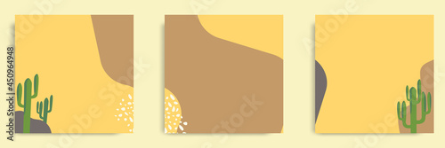 Set of abstract organic fluid line and cactus background template and layout in square shape for multipurpose usage web and print, banner, cover in yellow sand green color.