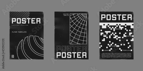 Set of retrofuturistic design posters. Cyberpunk 80s style posters with circle shapes, polar grids, and 8 bit pixel patterns. Shabby scratched flyer template for your design. Vector