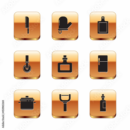 Set Knife, Cooking pot, Peeler, Sauce bottle, Pizza knife, Cutting board, Bottle of olive oil and Oven glove icon. Vector