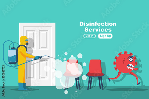 Disinfection of office room. Prevention of covid 2019. Specialist in hazmat suit cleaning disinfecting coronavirus. Vector illustration flat design. Isolated background. Disinfection of the workplace.