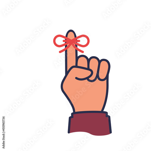 Reminder black icon. Forefinger with red ribbon. Important symbol. Vector illustration flat design. Glyph sign. Isolated on white background. Important symbol. Forgetfulness.