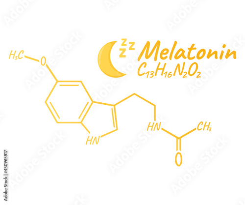 Human hormone melatonin concept chemical skeletal formula icon label, text font vector illustration, isolated on white. Periodic element table.