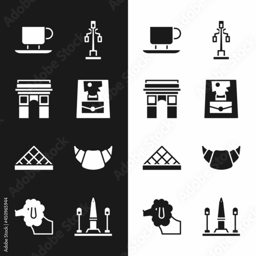 Set Handbag, Triumphal Arch, Coffee cup, Street light, Louvre museum, Croissant, Place De La Concorde and Poodle dog icon. Vector