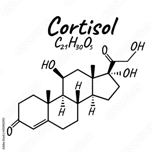 Human hormone cortisol concept chemical skeletal formula icon label, text font vector illustration, isolated on white. Periodic element table.