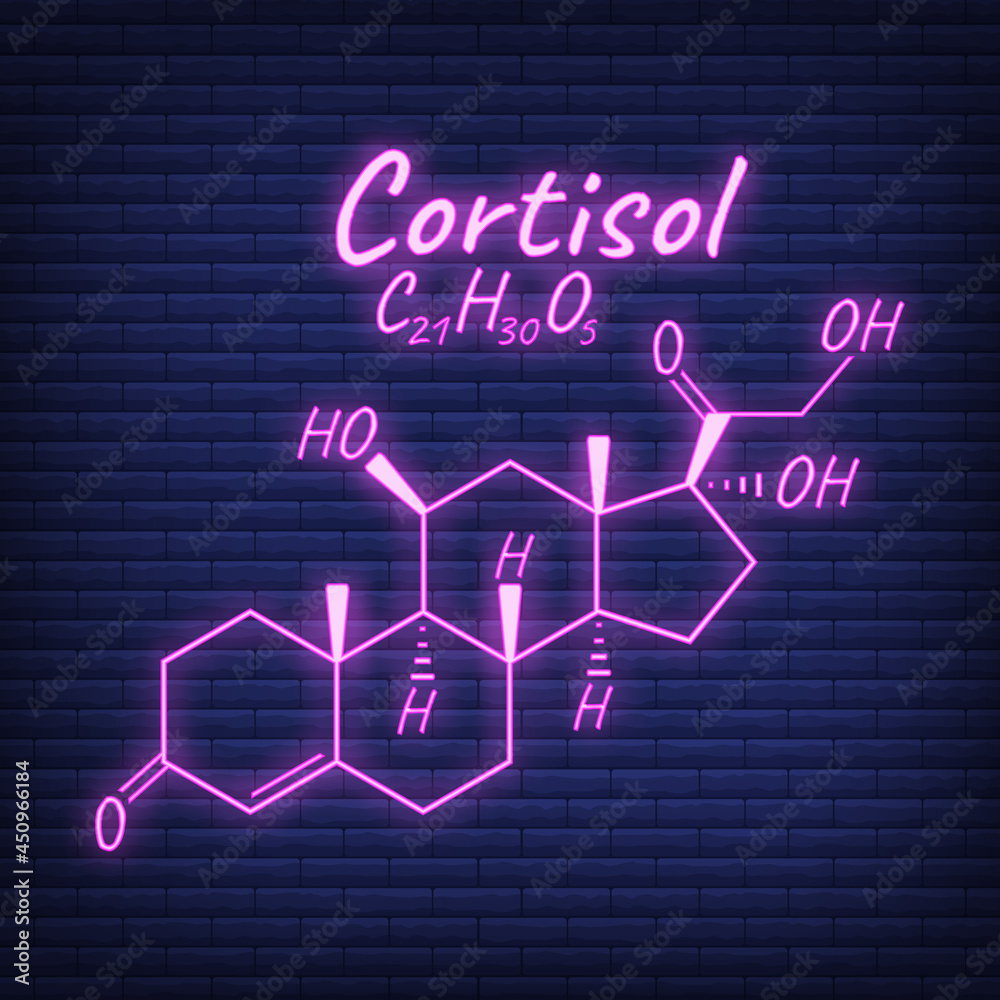 Human hormone cortisol periodic element concept chemical skeletal formula icon label, text font neon glow vector illustration, isolated on black.