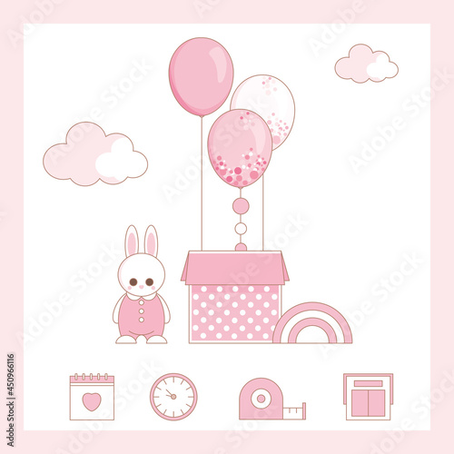 Cute baby card, height, weight, date of birth. Newborn metric