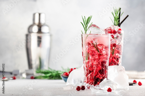 Fotografie Cranberry cocktail with vodka, ice, juice, rosemary and red berries in highball glass