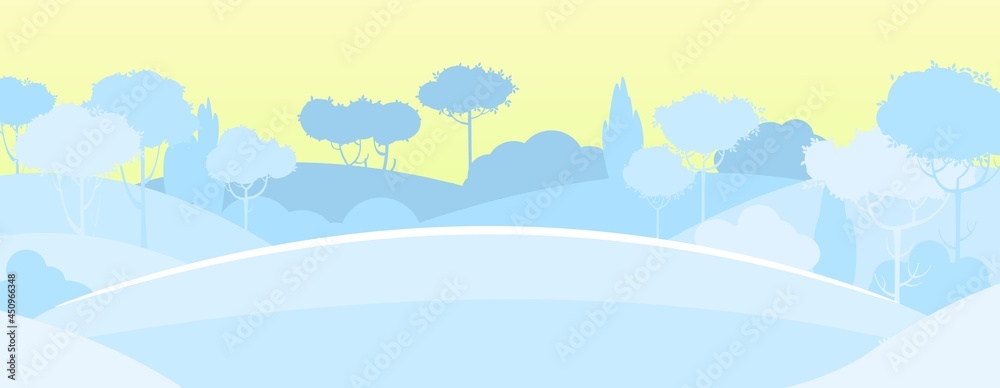 Rural winter. Snowy beautiful landscape. Morning. Cartoon style. Snowdrifts. Hills and trees. Snow. Frosty cold. Romantic beauty. Flat design illustration. Vector art
